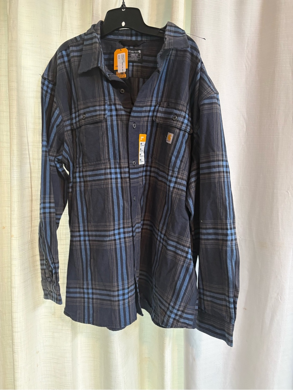 Carhartt Loose Fit Plaid Flannel Blue/Gray Button-Up Shirt Pocket 2XL TW4451-M